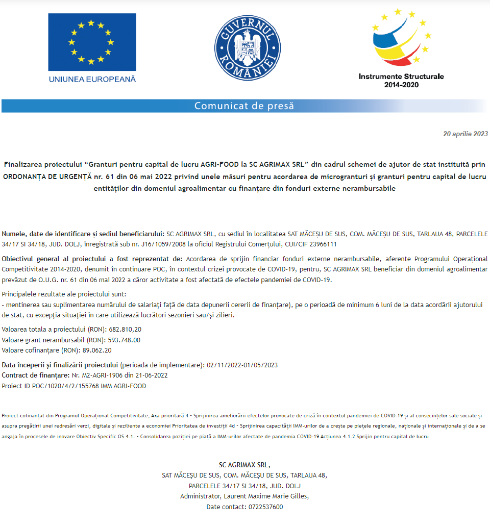 Anunț privind finalizarea derulării proiectului Granturi pentru capital de lucru AGRI-FOOD la SC AGRIMAX SRL