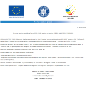 Anunt finalizare proiect CEREAL AGROTECH VISION SRL