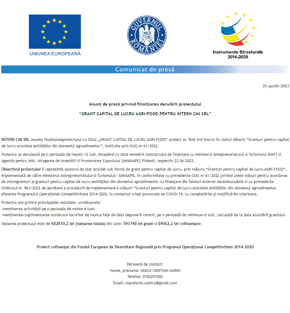 Anunț privind finalizarea derulării proiectului Grant capital de lucru AGRI-FOOD acordat beneficiarului INTERN CMI S.R.L.