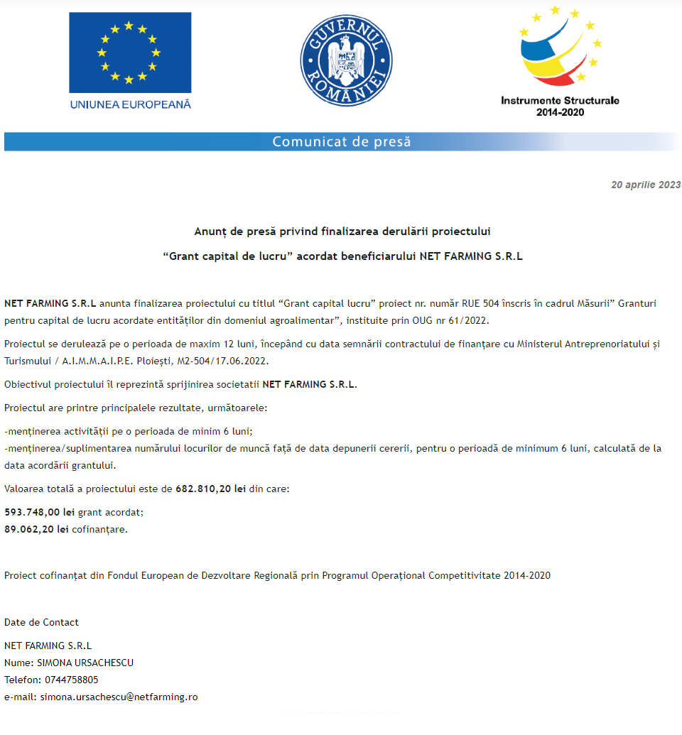 Anunț privind finalizarea derulării proiectului Grant capital de lucru AGRI-FOOD acordat beneficiarului NET FARMING S.R.L.