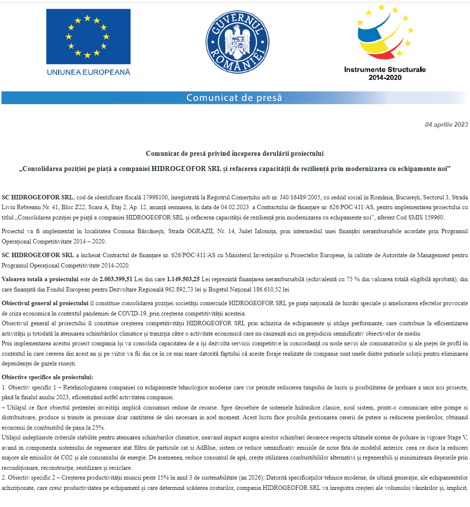 Comunicat de presă privind începerea derulării proiectului „Consolidarea poziției pe piață a companiei HIDROGEOFOR SRL și refacerea capacității de reziliență prin modernizarea cu echipamente noi”