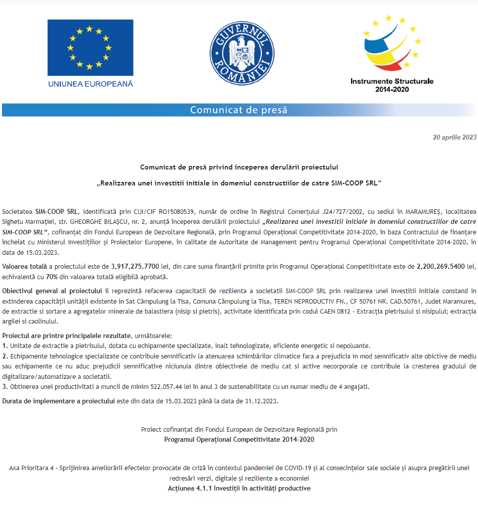 Comunicat de presă privind începerea derulării proiectului „Realizarea unei investitii initiale in domeniul constructiilor de catre SIM-COOP SRL”