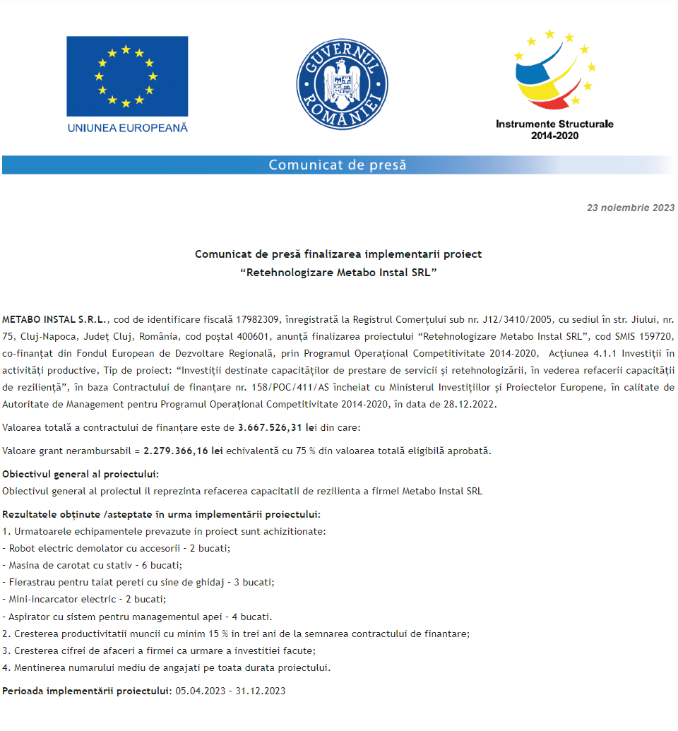 Comunicat de presă privind finalizarea derulării proiectului „Retehnologizare Metabo Instal SRL”
