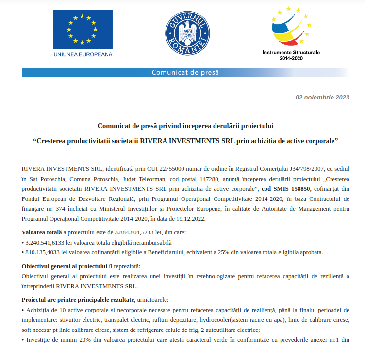 Comunicat de presă privind începerea derulării proiectului „Cresterea productivitatii societatii RIVERA INVESTMENTS SRL prin achizitia de active corporale”