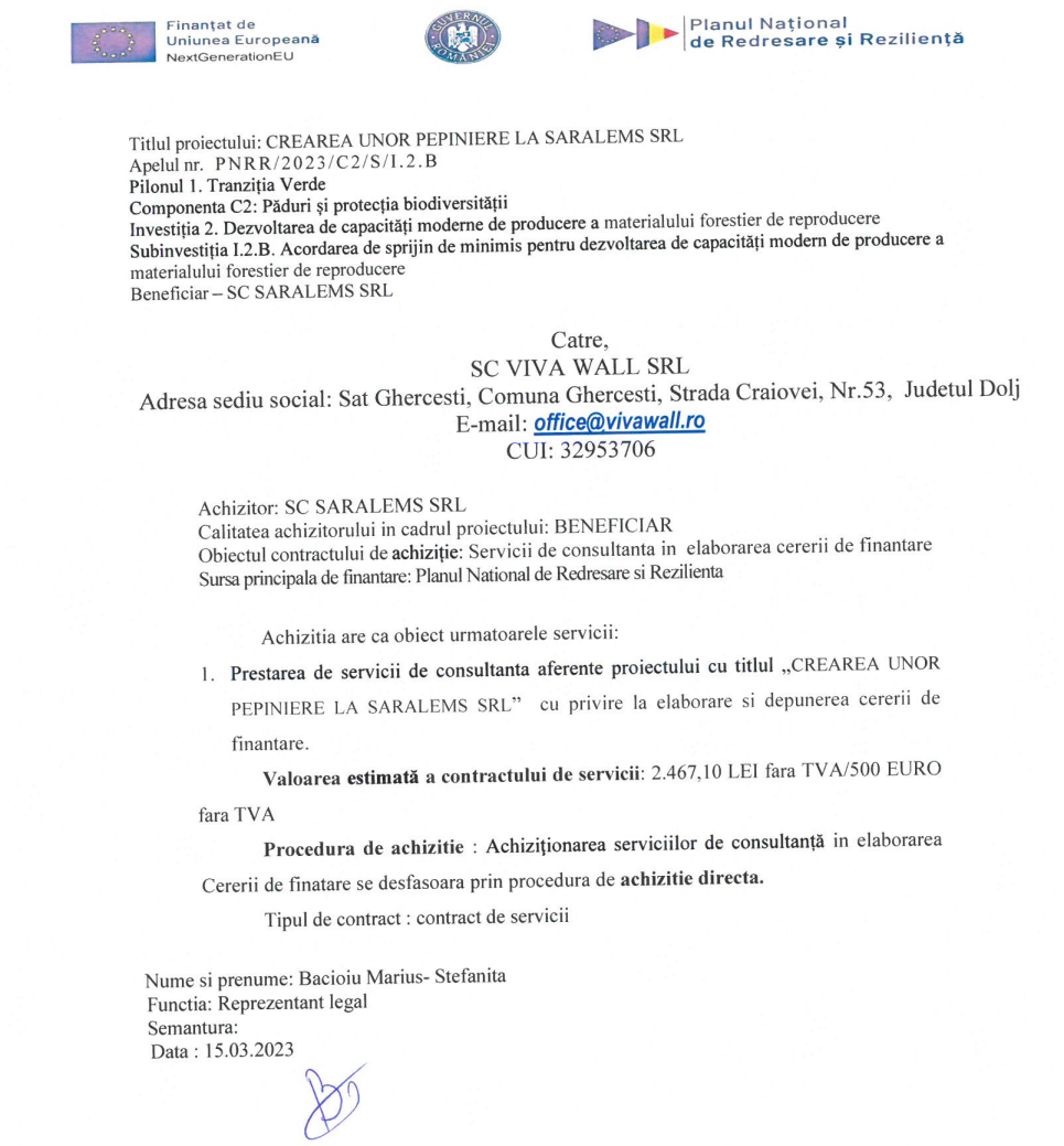 Anunt procedura achizitie servicii consultanta SARALEMS SRL