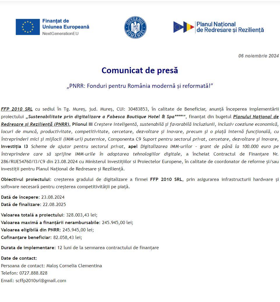 Comunicat de presă privind începerea derulării proiectului „Sustenabilitate prin digitalizare a Fabesca Boutique Hotel & Spa****”