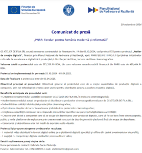 Comunicat de presa incepere proiect PNRR - GS ATELIER DE FILM SRL