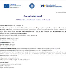 Comunicat de presa incepere proiect PNRR - PLANET PROGRAM SRL