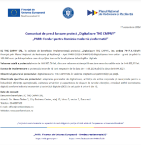 Comunicat de presa incepere proiect PNRR - THE CMPNY SRL