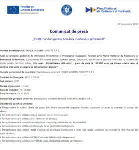 Comunicat de presa incepere proiect PNRR - UNIQUE MODERN CONCEPT SRL