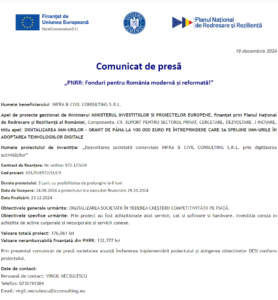 Comunicat de presa finalizare proiect fonduri PNRR - INFRA & CIVIL CONSULTING SRL