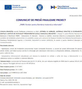 Comunicat de presa finalizare proiect fonduri PNRR - UAT COMUNA BRANIȘTEA