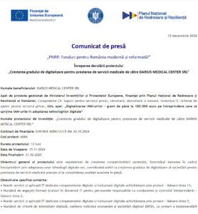 Comunicat de presa incepere proiect PNRR - DARIUS MEDICAL CENTER SRL