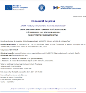 Comunicat de presa incepere proiect fonduri PNRR - ALICOMTEX SRL
