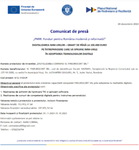 Comunicat de presa incepere proiect fonduri PNRR - FINEUROCONT SRL