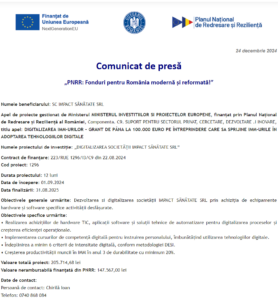 Comunicat de presa incepere proiect fonduri PNRR - IMPACT SĂNĂTATE SRL