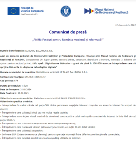 Comunicat de presa incepere proiect fonduri PNRR - LE BLANC BALLROOM SRL