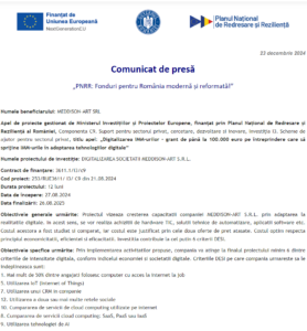Comunicat de presa incepere proiect fonduri PNRR - MEDDISON-ART SRL