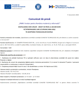 Comunicat de presa incepere proiect fonduri PNRR - SCHAEFER TECHNOLOGIES SRL