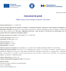 Comunicat de presa incepere proiect fonduri PNRR - SIS EVENTS SRL