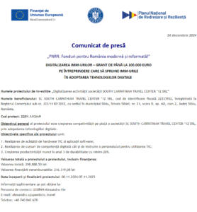 Comunicat de presa incepere proiect fonduri PNRR - SOUTH CARPATHIAN TRAVEL CENTER 12 SRL