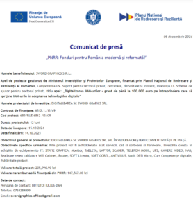Comunicat de presa incepere proiect fonduri PNRR - SWORD GRAFICS SRL