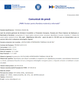 Comunicat de presa incepere proiect fonduri PNRR - TONERMAG ONLINE SRL