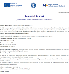 Comunicat de presa incepere proiect fonduri PNRR - TOPOCAD EXPERTIZA TIMISOARA SRL