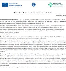 Comunicat de presa incepere proiect fonduri europene SOCK LABORATORY INTERNATIONAL SRL