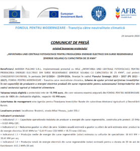 Comunicat de presa incepere proiect Fondul pentru Modernizare - MARIDEN PULCINO SRL