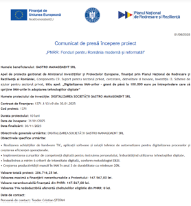 Comunicat de presa incepere proiect fonduri PNRR - GASTRO MANAGEMENT SRL