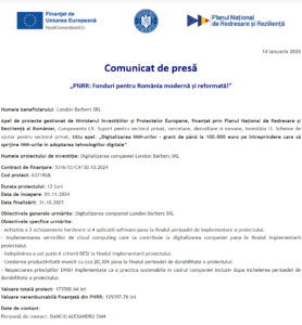 Comunicat de presa incepere proiect fonduri PNRR - London Barbers SRL