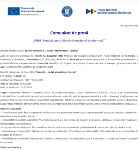 Comunicat de presa incepere proiect fonduri PNRR Școala Gimnazială ,,Tudor Vladimirescu” Călărași