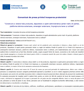 Comunicat de presa incepere proiect fonduri europene FARMACIA DE DETERGENT SRL