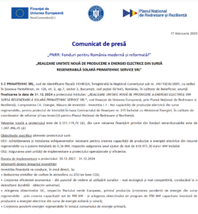 Comunicat de presa finalizare proiect fonduri PNRR - PRIMATEHNIC SRL