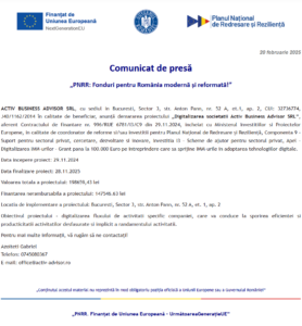 Comunicat de presa incepere proiect fonduri PNRR - ACTIV BUSINESS ADVISOR SRL