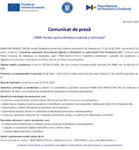 Comunicat de presa finalizare proiect fonduri PNRR - BOMB FILM PRODUCTION SRL