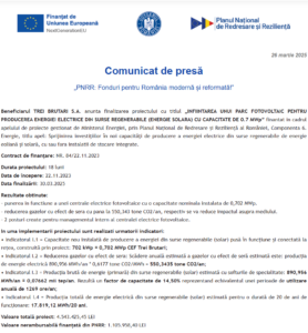 Comunicat de presa finalizare proiect fonduri PNRR - TREI BRUTAR SA