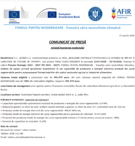 Comunicat de presa incepere proiect Fondul pentru Modernizare - LEOSER SA
