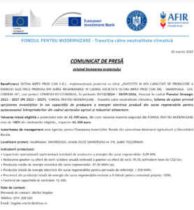 Comunicat de presa incepere proiect Fondul pentru Modernizare - OLTINA IMPEX PROD COM SRL