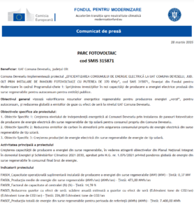 Comunicat de presa incepere proiect Fondul pentru Modernizare - UAT Comuna DEVESELU
