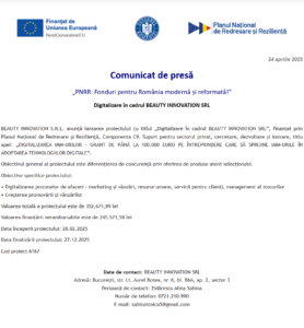Comunicat de presa incepere proiect fonduri PNRR - BEAUTY INNOVATION SRL