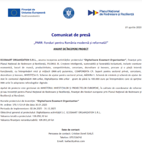 Comunicat de presa incepere proiect fonduri PNRR - ECOSMART ORGANIZATION SRL