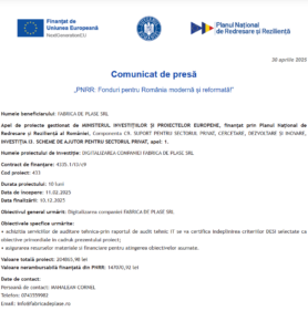 Comunicat de presa incepere proiect fonduri PNRR - FABRICA DE PLASE SRL