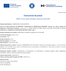 Comunicat de presa incepere proiect fonduri PNRR - LABORATORUL DE DULCEGĂRII SRL
