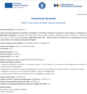 Comunicat de presa incepere proiect fonduri PNRR - SUMARO SRL
