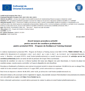 Anunt lansare procedura achizitii pentru servicii de consiliere profesionala pentru proiectul PITA