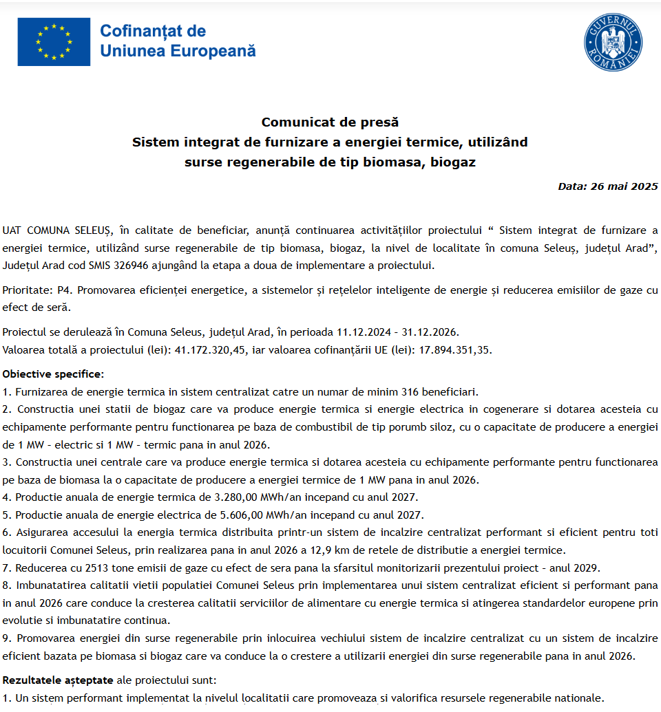 Comunicat de presă privind continuarea activitatilor proiectului “Sistem integrat de furnizare a energiei termice, utilizând surse regenerabile de tip biomasa, biogaz”