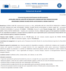 Comunicat de presa incepere proiect Fondul pentru Modernizare - CROWN CHAMP SRL
