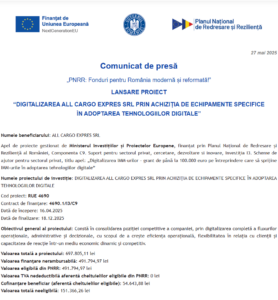 Comunicat de presa incepere proiect fonduri PNRR - ALL CARGO EXPRES SRL